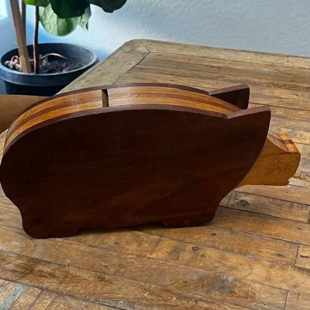 Vintage Wood Pig Piggy Bank 15.5” Long 7” Tall